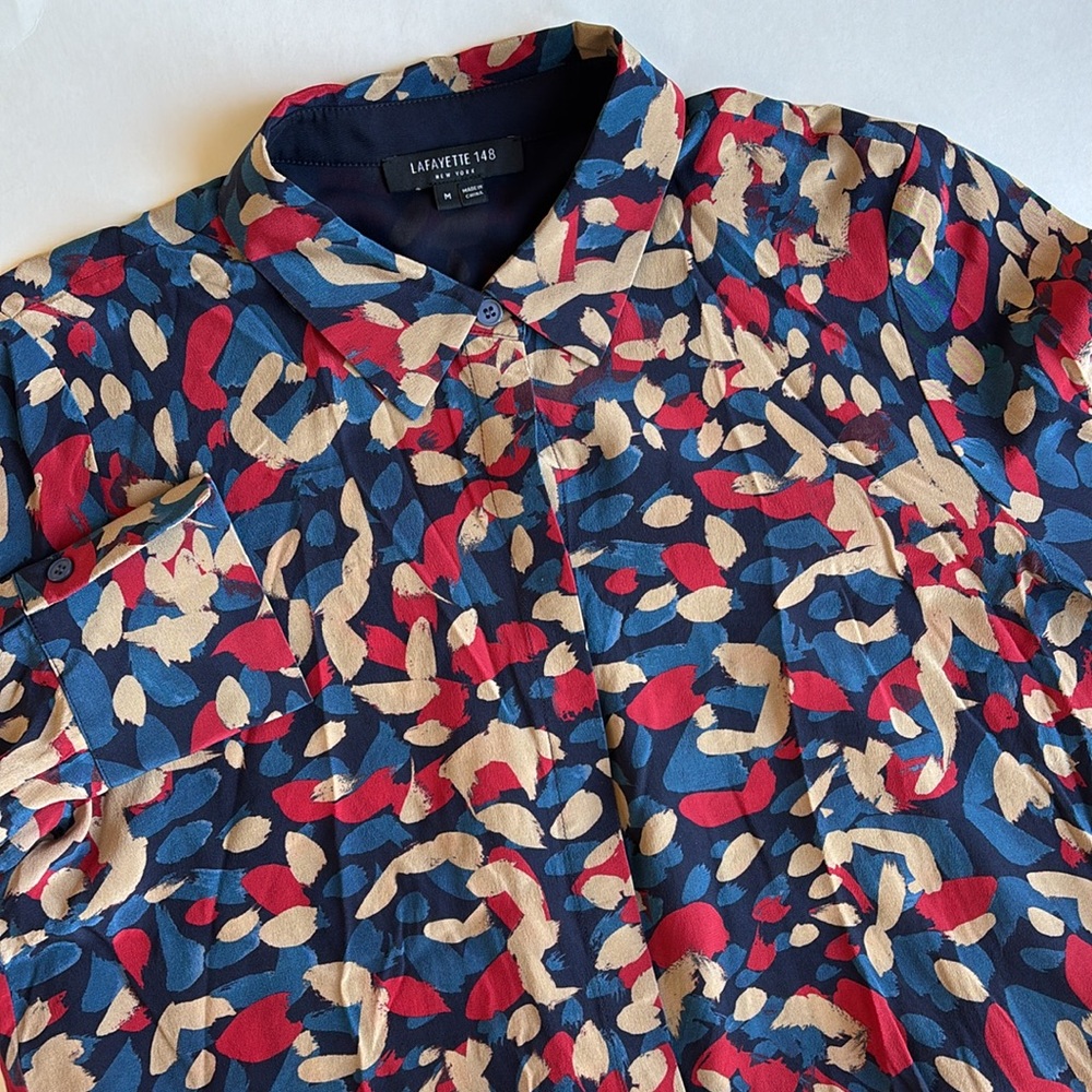 Lafayette 148 Silk Blue Red Tan Geometric Long Sleeve Blouse Womens Size Medium‎